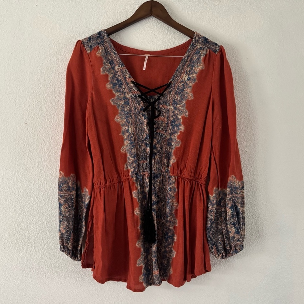 Free People Wildest Moment Rust Paisley Lace-Up Tunic Large Boho Romantic - Picture 15 of 16